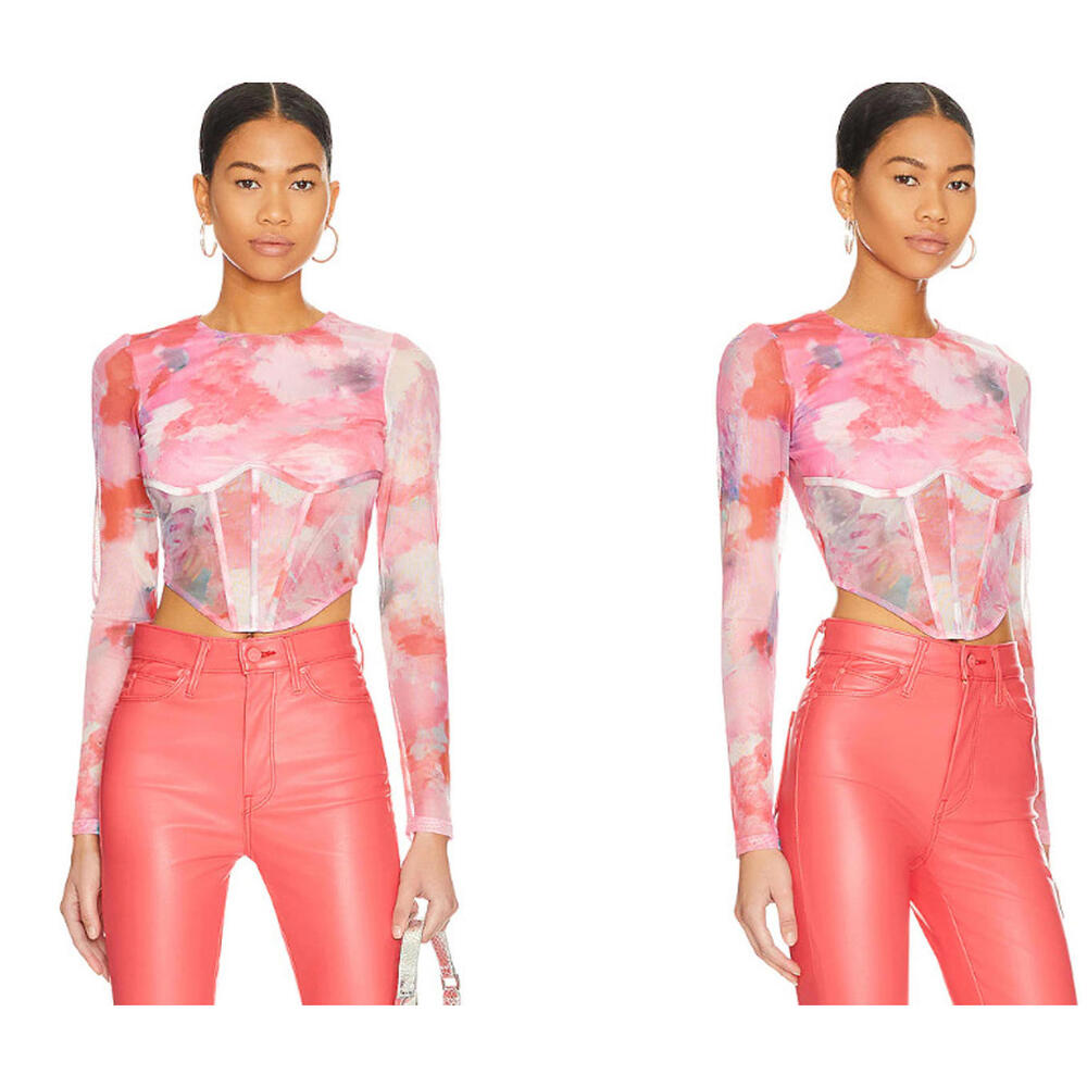 BARDOT Lena Mesh Corset Long Sleeve Fitted Top In Wildflower Size S $89msrp NWT